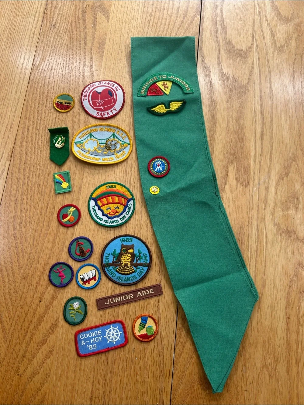 Vintage 1980s Girl Scout Junior Sash & Patch Lot Thousand Islands Camp NY